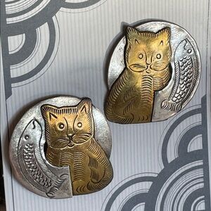 Vintage Silver Brass Cat and Fish Pierced Ear Earrings